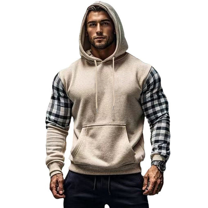 Herren Kapuzenpullover mit modischem Karomuster an den Ärmeln und praktischer Kängurutasche Drune