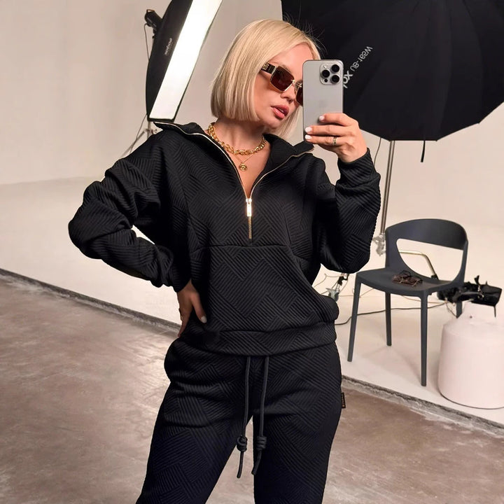Damen sportliches Fleece-Set mit modischer Stehkragen und elastischen Bündchen Drune