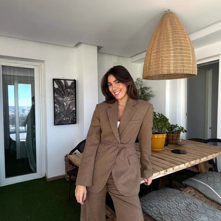 Damen taillierter Blazer mit Gürtel und eleganter Struktur Drune