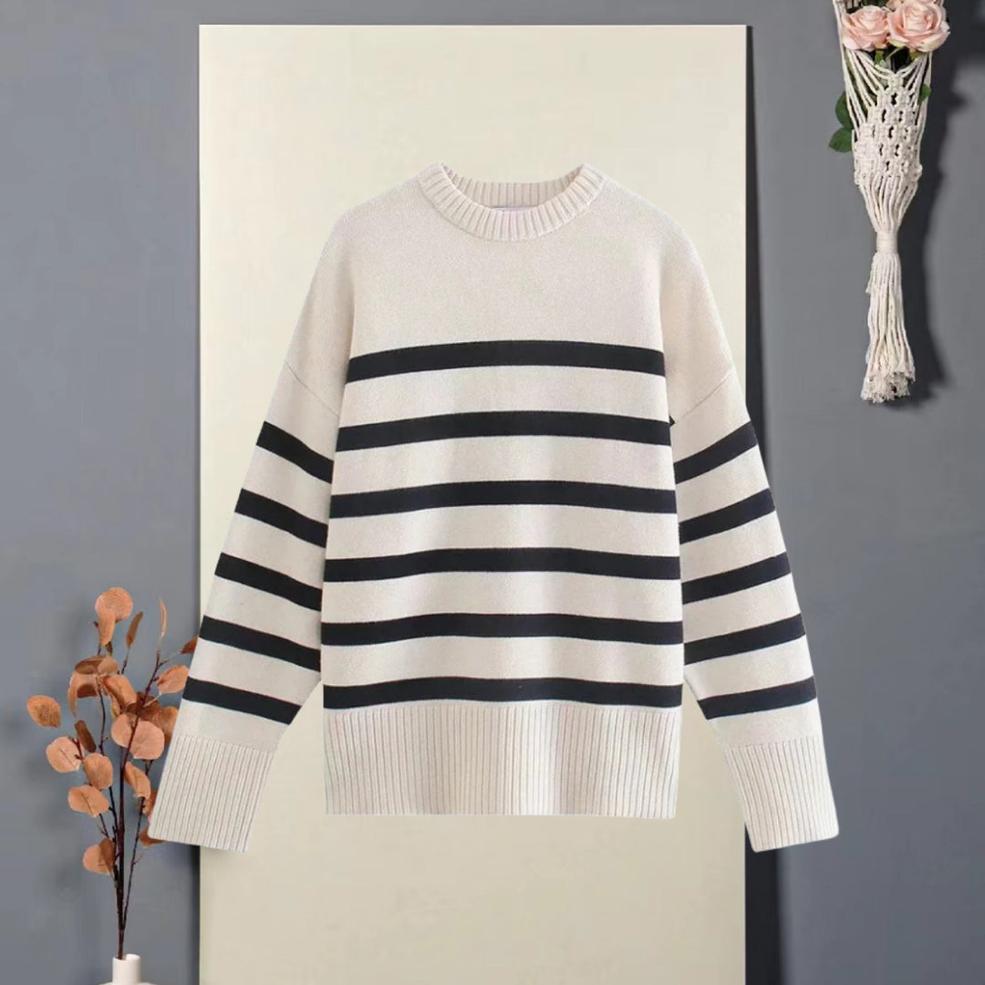 Damen Oversized Strickpullover mit hohem Kragen und trendigem Streifenmuster Drune