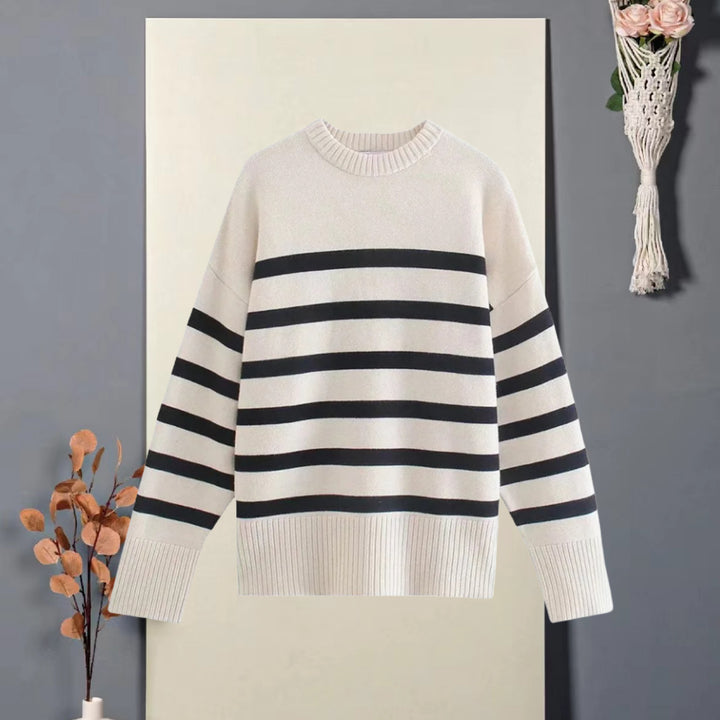 Damen Oversized Strickpullover mit hohem Kragen und trendigem Streifenmuster Drune