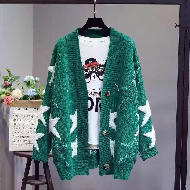 Damen Grobstrick-Cardigan mit Sternenmuster und tiefem V-Ausschnitt Drune