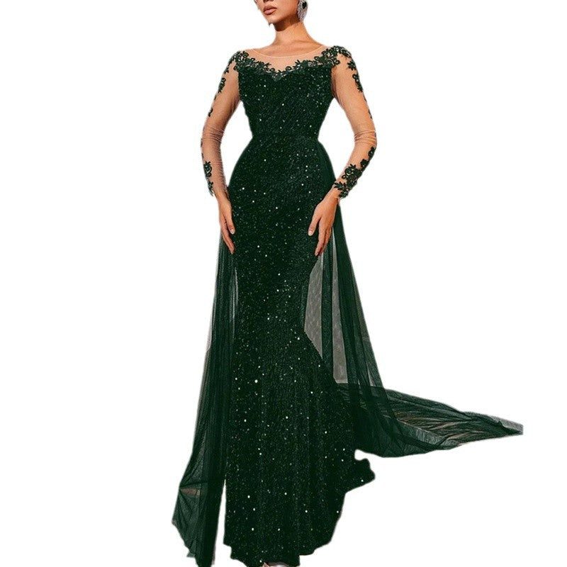Damen Glamouröses Abendkleid mit schimmerndem Spitzenoberteil und fließendem Tüllumhang Drune