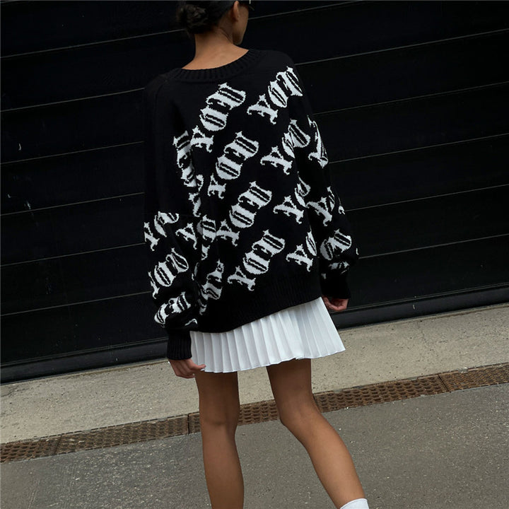Damen lässiger Strickpullover mit modernem Schriftzug und weitem Schnitt Drune