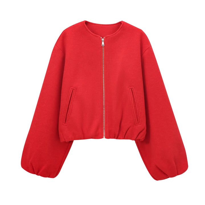 Damen nan kurze Oversize Wollblouson mit Reißverschluss, Ballonärmeln und elastischem Saum Drune