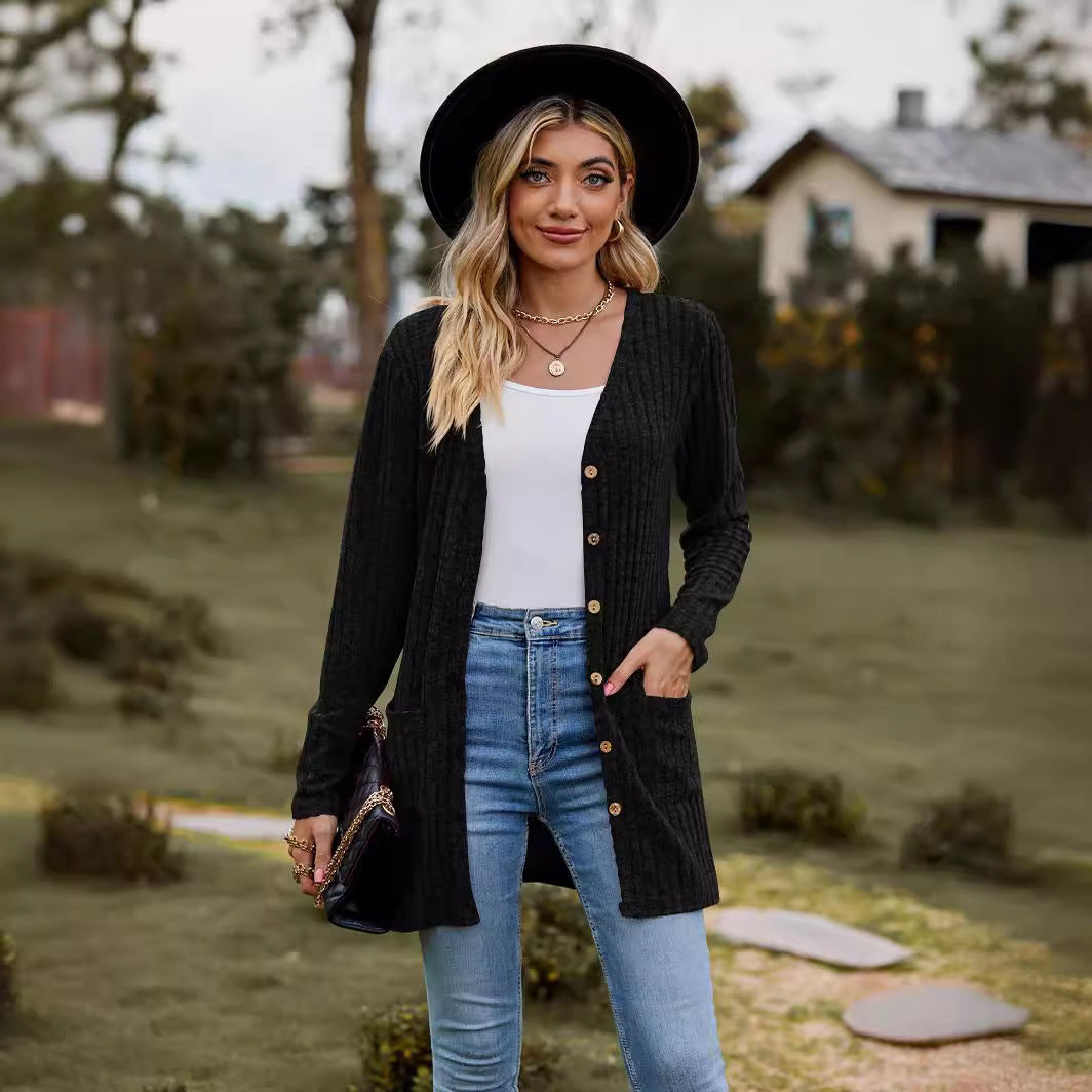 Damen Strickjacke mit vertikalem Rippenmuster und Taschen Drune