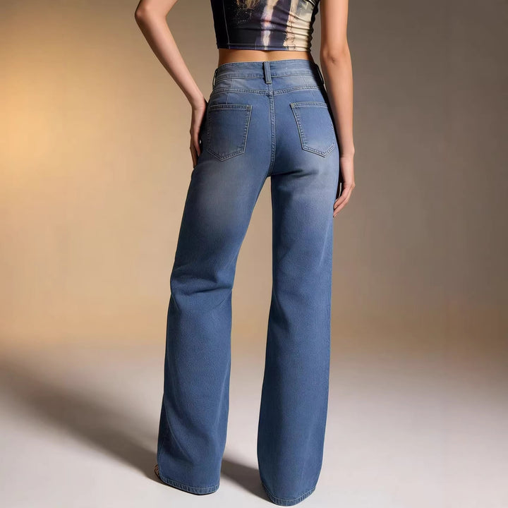 Damen weite Denim-Hose mit Vintage-Waschung und hoch geschnittenem Bund Drune