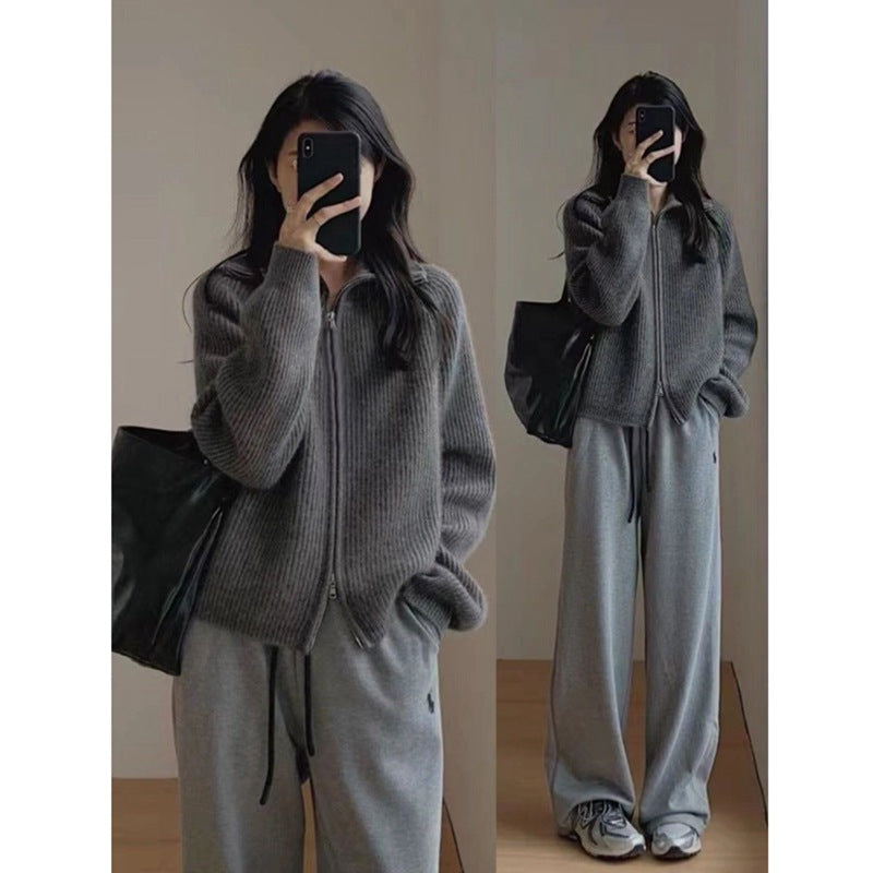 Damen Strickjacke mit hoher Kragenverzierung und Reißverschluss Drune