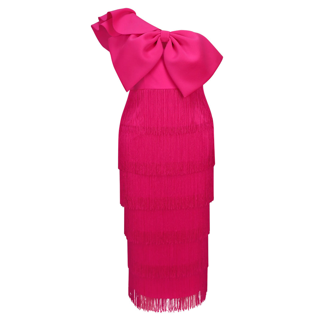 Damen elegantes Kleid mit voluminösem Rüschenelement und Fransen Drune