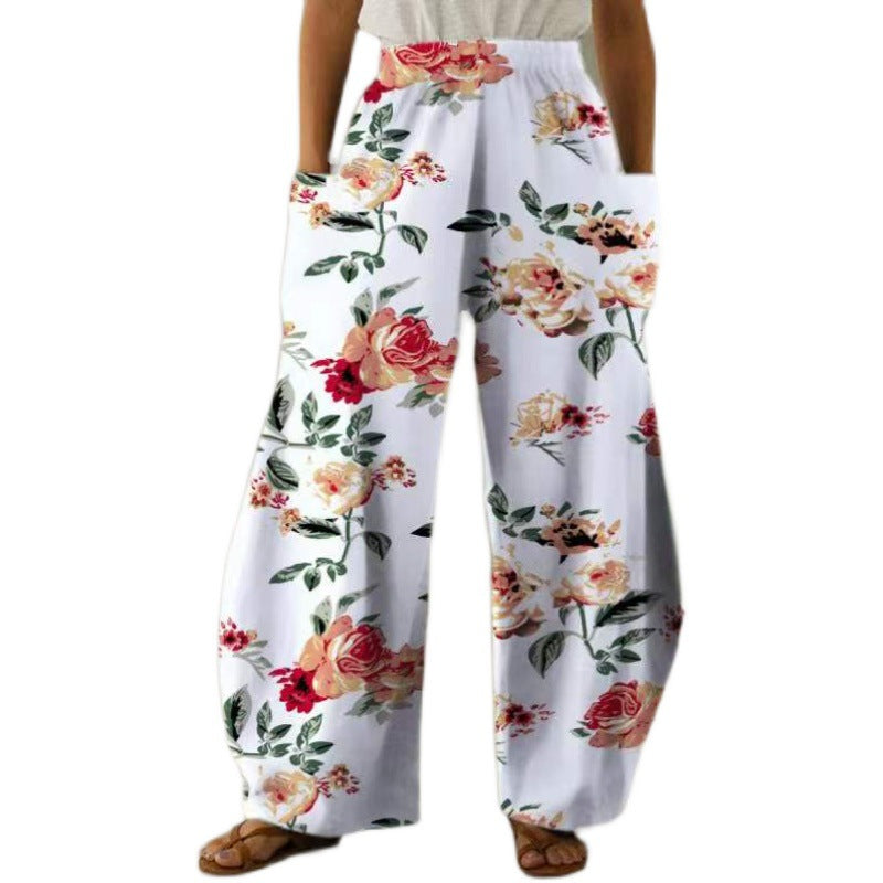 Damen Weite Blumen-Hosen mit Taschen und elastischem Bund Drune