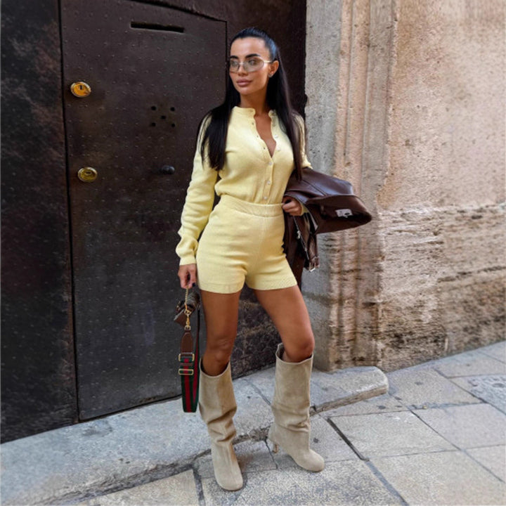 Damen Strickoverall mit Knopfleiste und kurzem Bein Drune
