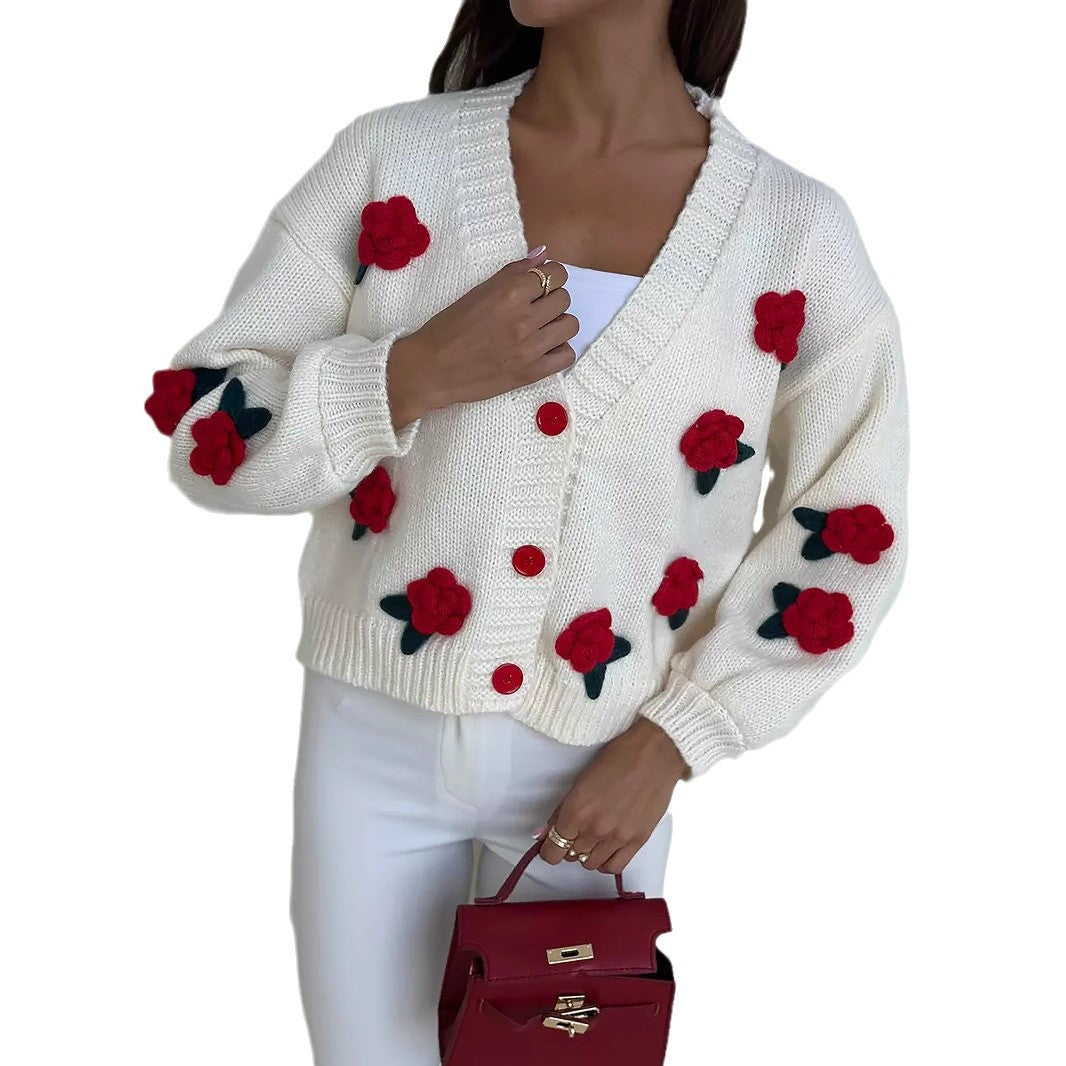 Damen Strickjacke mit floralen Applikationen und voluminösen Ärmeln Drune