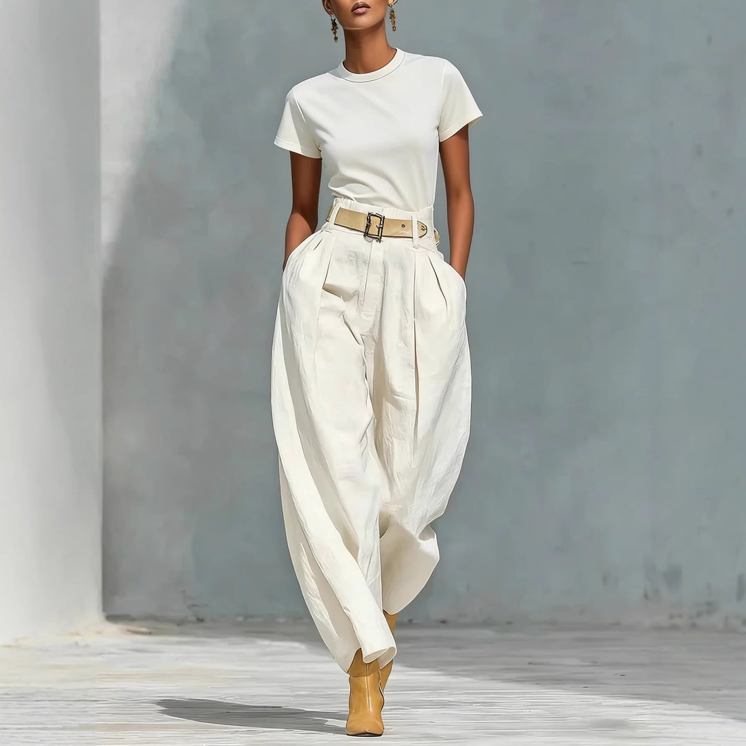 Damen Elegante Bundfaltenhose mit lockerer Passform und verstellbarem Gürtel Drune