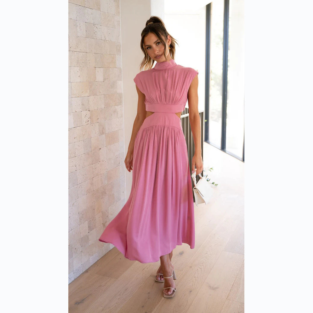 Damen elegantes Maxikleid mit hohem Kragen und seitlichen Cut-Outs Drune