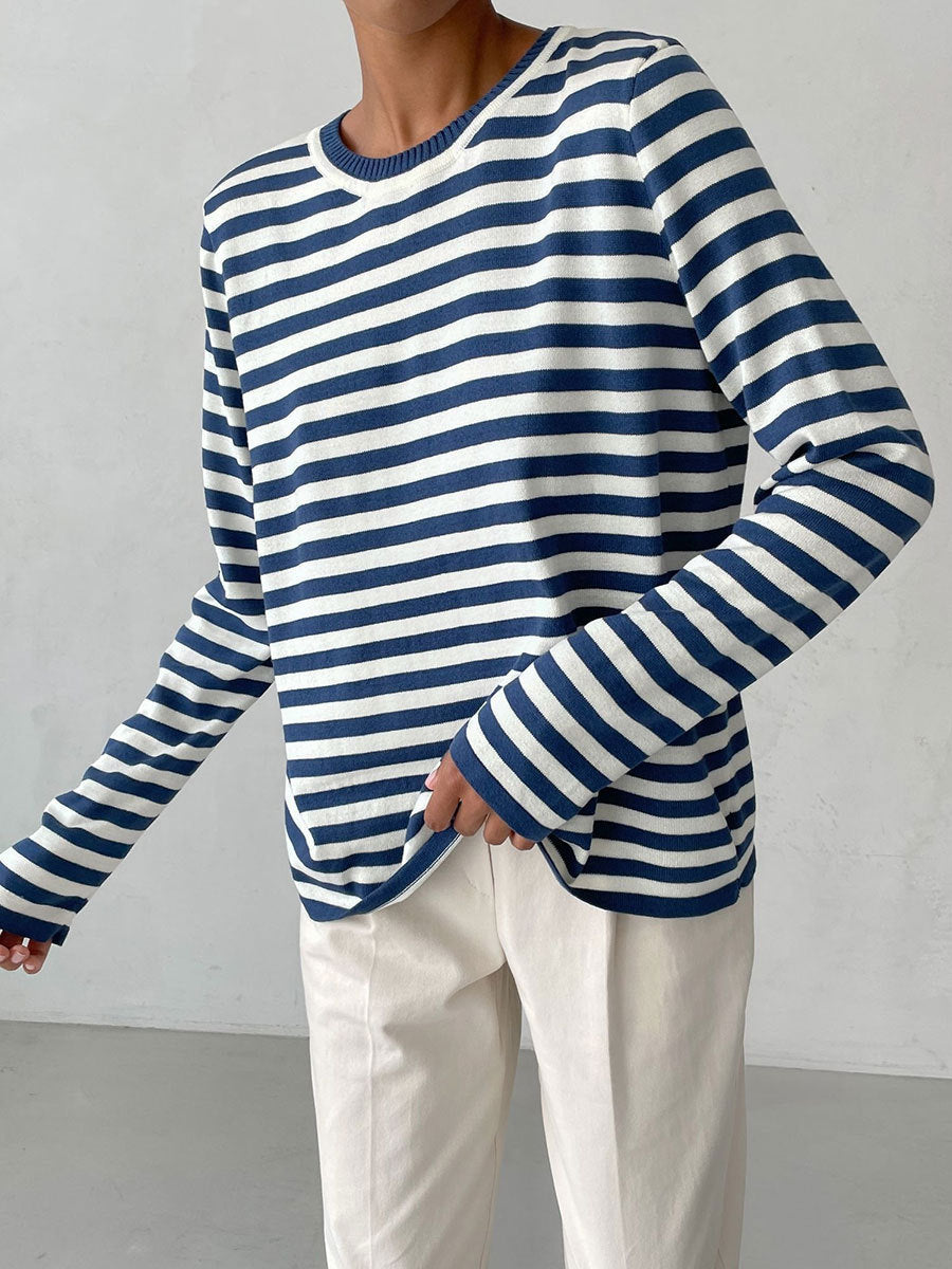 Damen lässiger Strickpullover mit gestreiftem Muster und weitem Schnitt Drune