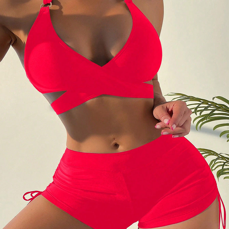 Damen Sportlicher Bikini mit gekreuztem Oberteil und Shorts Drune