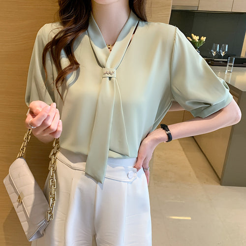 Damen Bluse mit dekorativem Schluppe und eleganten Puffärmeln Drune