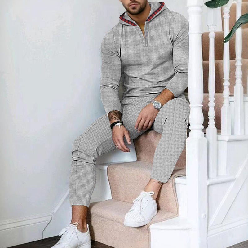 Herren nan Slim-Fit Waffel-Strick Kapuzen-Set mit Halbzip, kontrastgefütterter Kapuze und tapered Jogginghose Drune