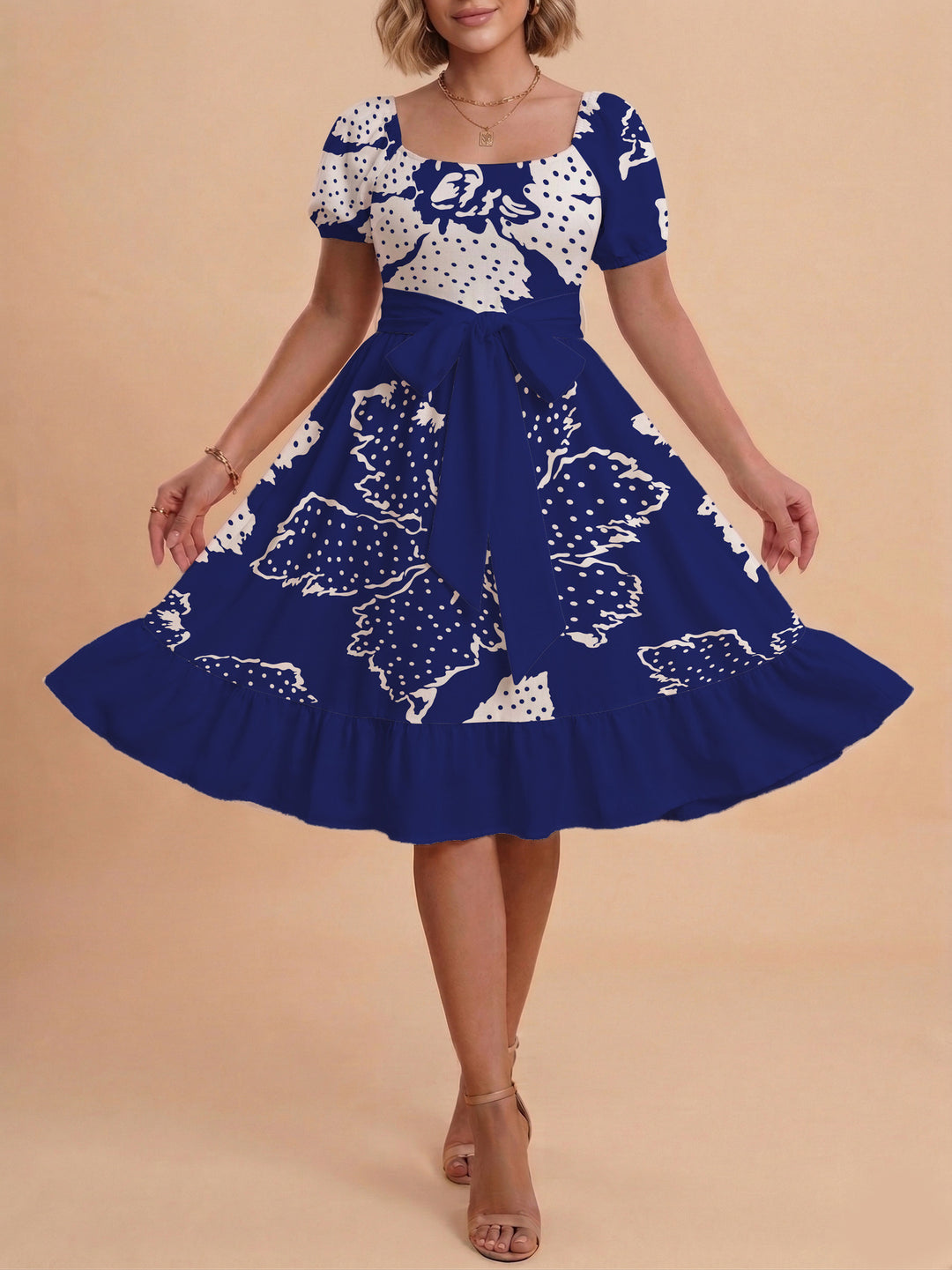 Damen A-Linien-Kleid mit floralen Motiven und taillierbarem Gürtel Drune