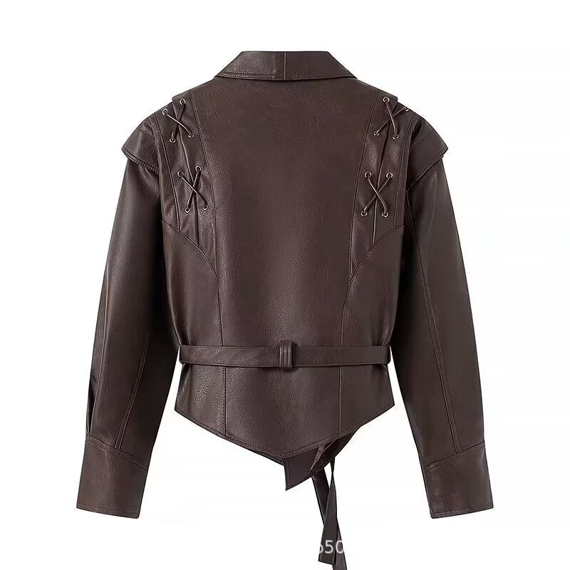 Damen modische Kunstlederjacke mit Taillengürtel und stylishen Schnürdetails Drune