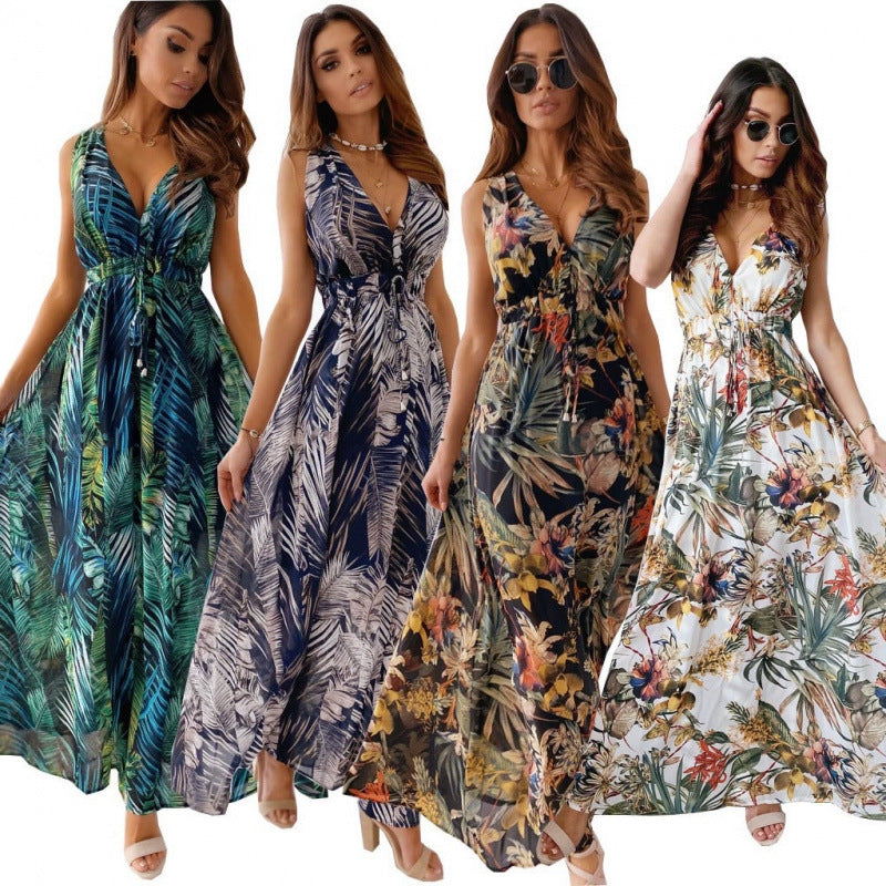 Damen Maxikleid mit floralen Mustern und tailliertem Oberteil Drune