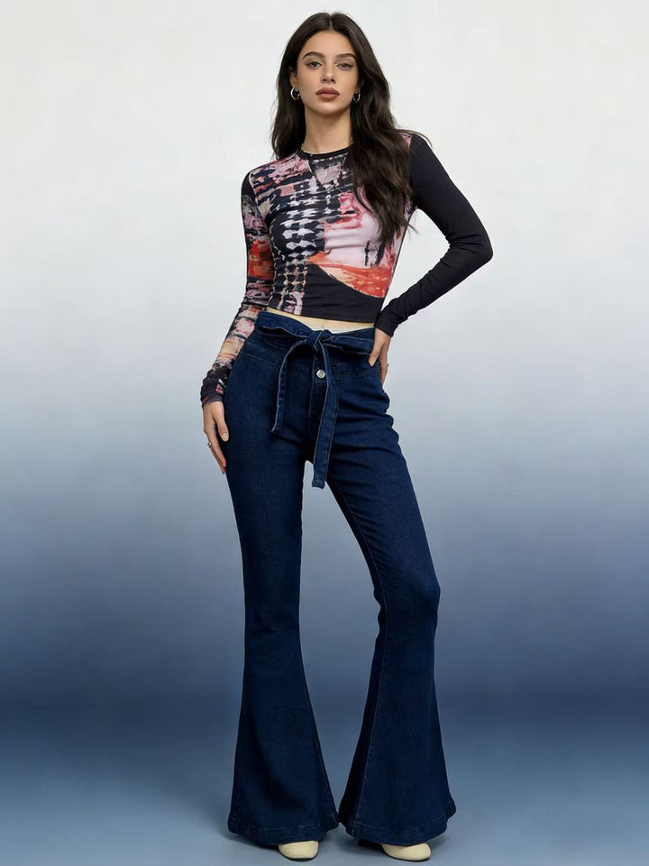 Damen nan High‑Waist Denimhose mit Schleifenbund, hoher Taille und weitem Schlag Drune