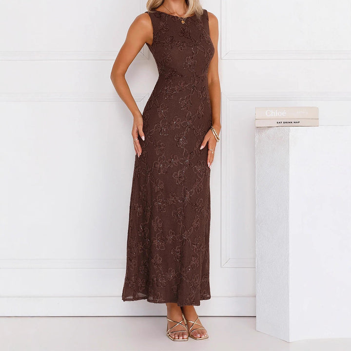 Damen Elegantes Maxikleid mit floralen Spitzenapplikationen Drune