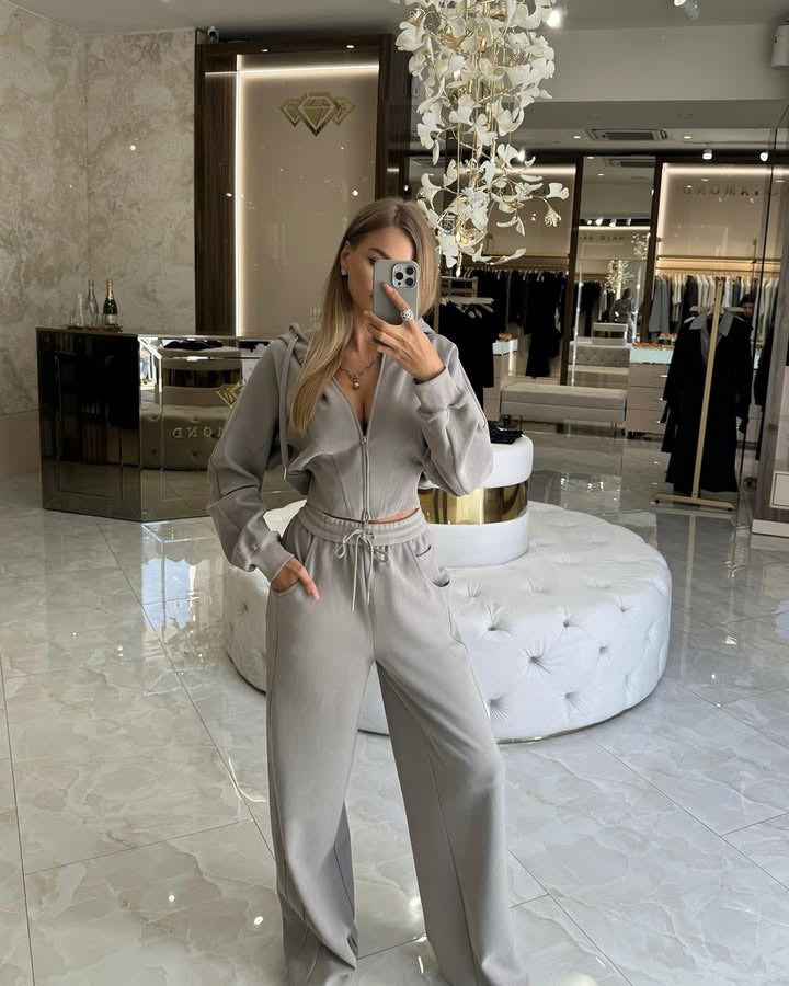 Damen nan kurzes Zip-Hoodie-Set mit Ballonärmeln und Highwaist Weitbein-Loungehose Drune