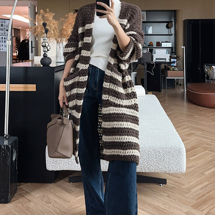 Damen lässige Strickjacke mit breiten Streifen und Taschen Drune