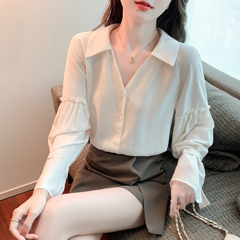 Damen Bluse mit Rüschendetails und V-Ausschnitt Drune