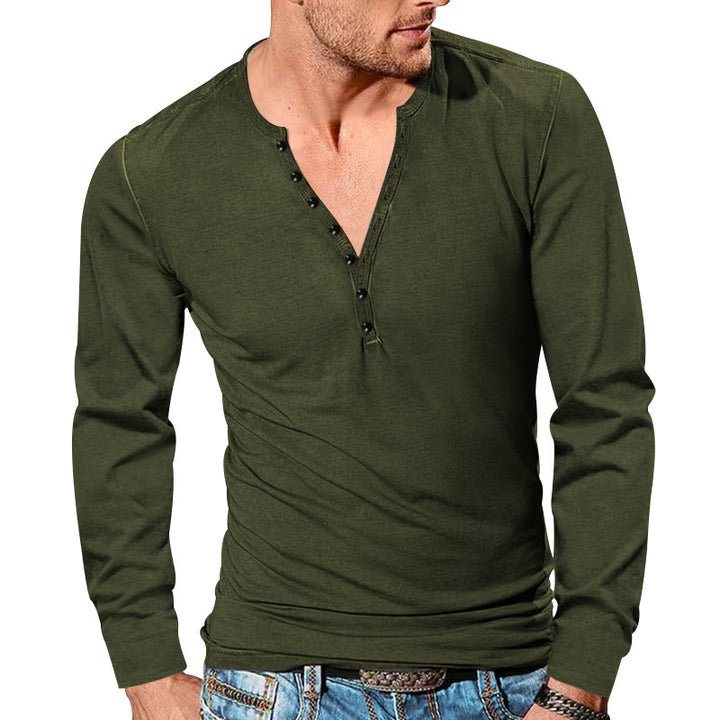 Herren nan langärmeliges Henleyshirt mit tiefer V-Knopfleiste, schmalem Slimfit und leichter Baumwollmischung Drune