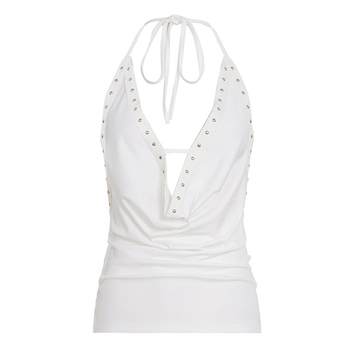 Damen Haltertop mit verführerischem V-Ausschnitt und eleganten Nietenverzierungen Drune