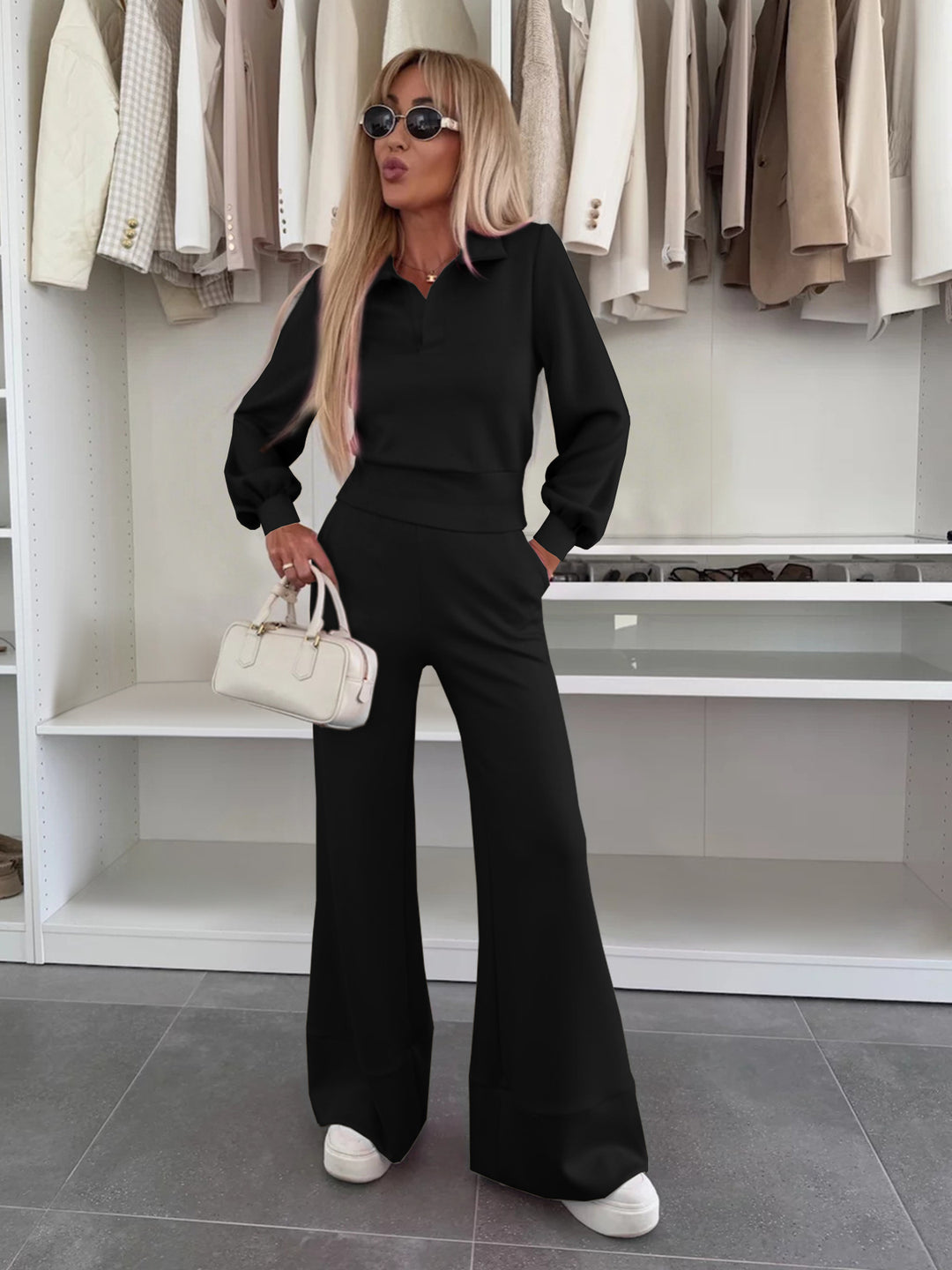 Damen Stylish und lässiger Jumpsuit mit weitem Bein und eleganten Ärmeln Drune