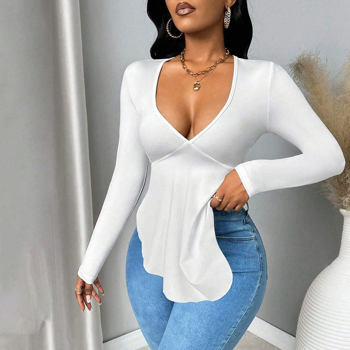 Damen elegantes Langarmshirt mit verführerischem V-Ausschnitt und modischem Schnitt Drune