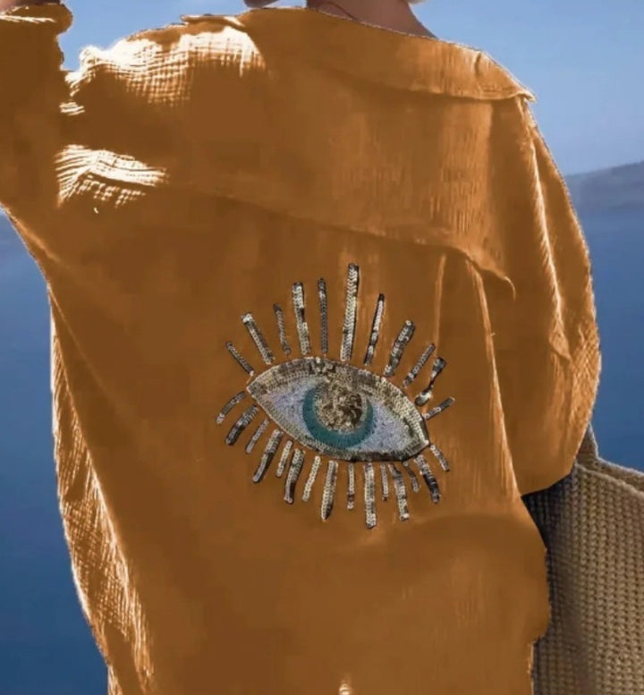 Damen lässige Bluse mit einzigartigem Augenmotiv und gestickten Akzenten Drune
