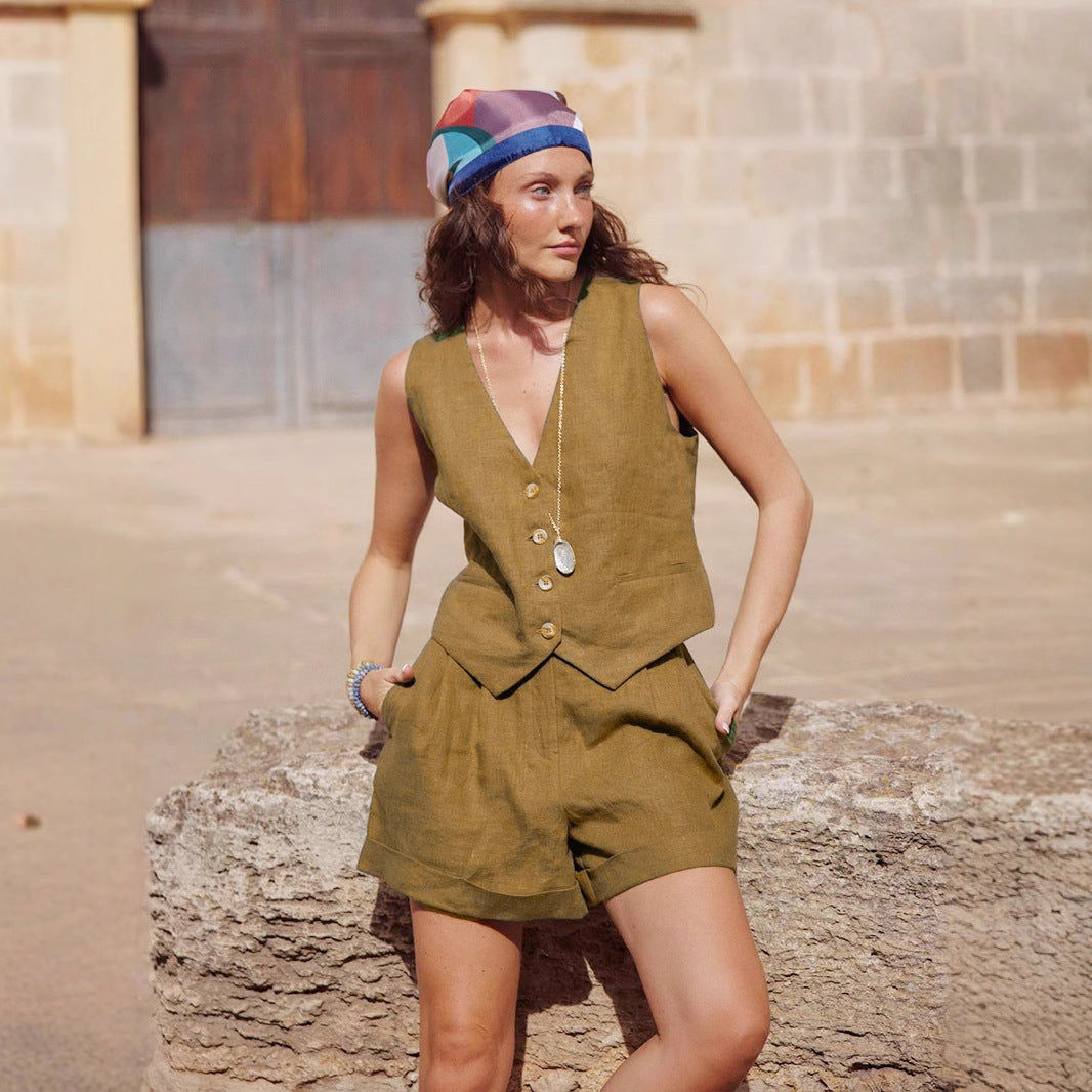 Damen Zweiteiliges Leinen-Set mit taillierter Weste und Shorts Drune