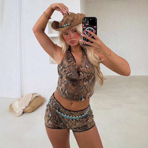 Damen Funkelndes Top und Shorts Set Drune