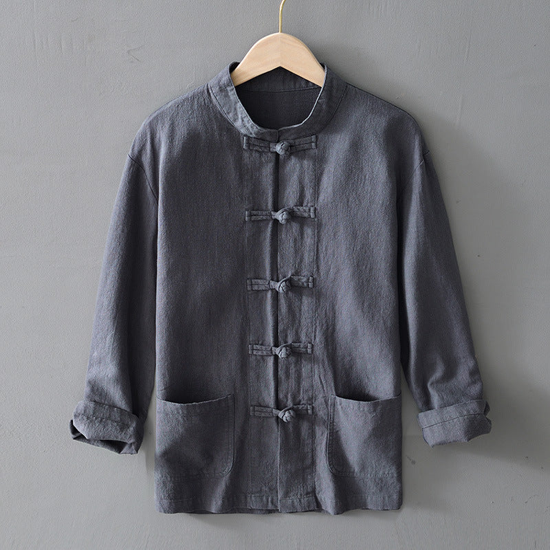 Herren nan leichte Leinenjacke im traditionellen chinesischen Stil mit Stehkragen und Knotenverschlüssen Drune