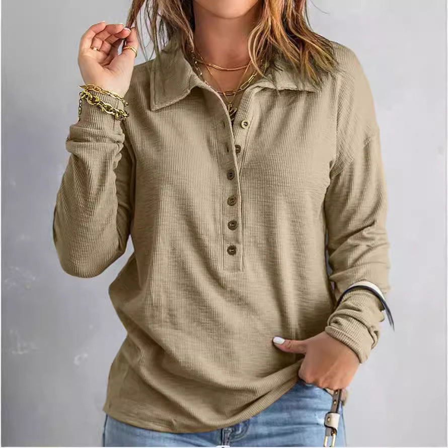 Damen Langarm-Bluse mit knöpfbarem Kragen und strukturiertem Stoff Drune