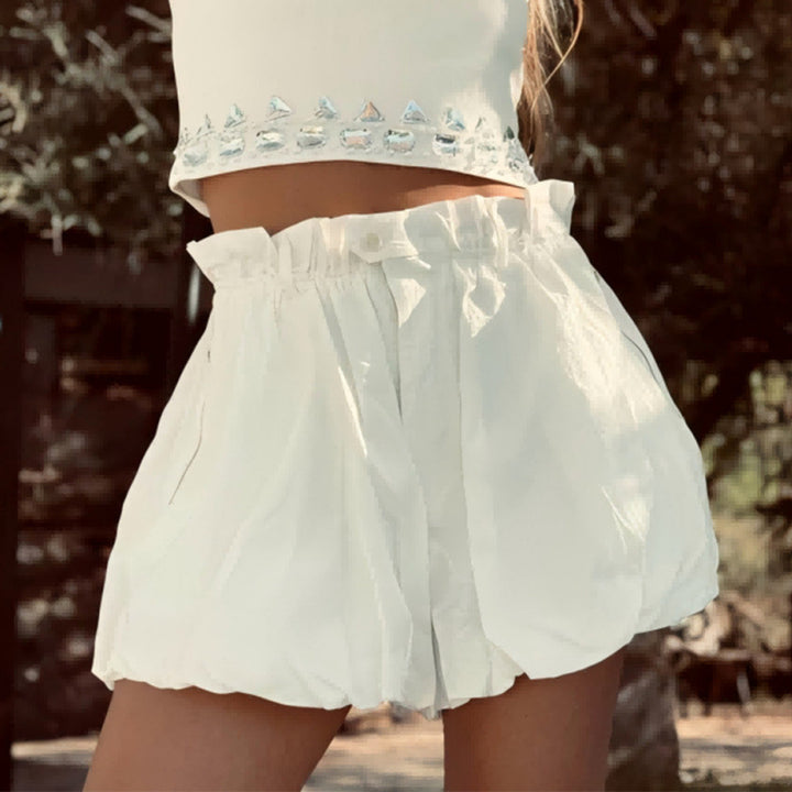 Damen modische Shorts mit elastischem Bund und dekorativem Rüschensaum Drune