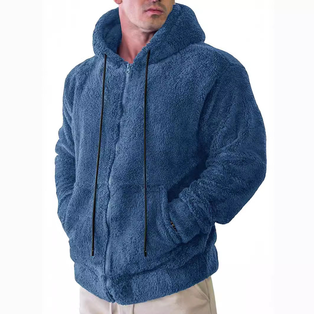 Herren nan Teddyplüsch Zip-Hoodie mit übergroßer Kapuze, verdecktem Reißverschluss und Eingrifftaschen Drune
