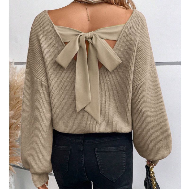 Damen lässiger Strickpullover mit eleganter Rückenbindung Drune
