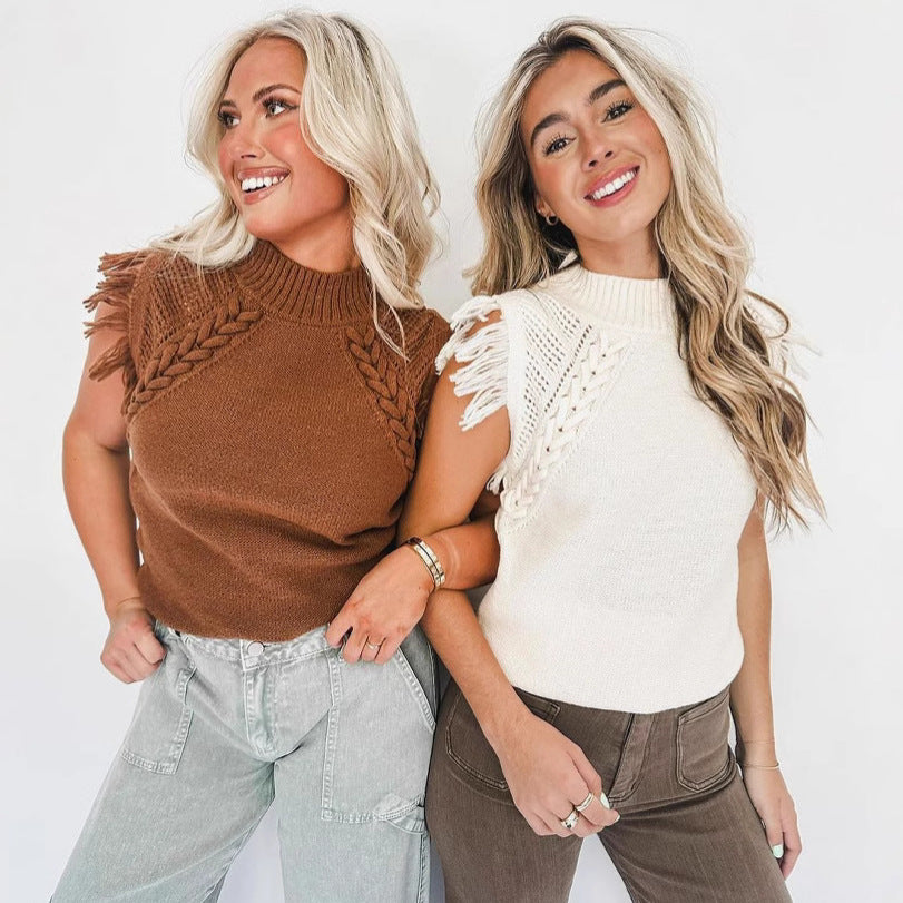Damen elegantes Stricktop mit raffiniertem Häkelmuster und Fransen Drune