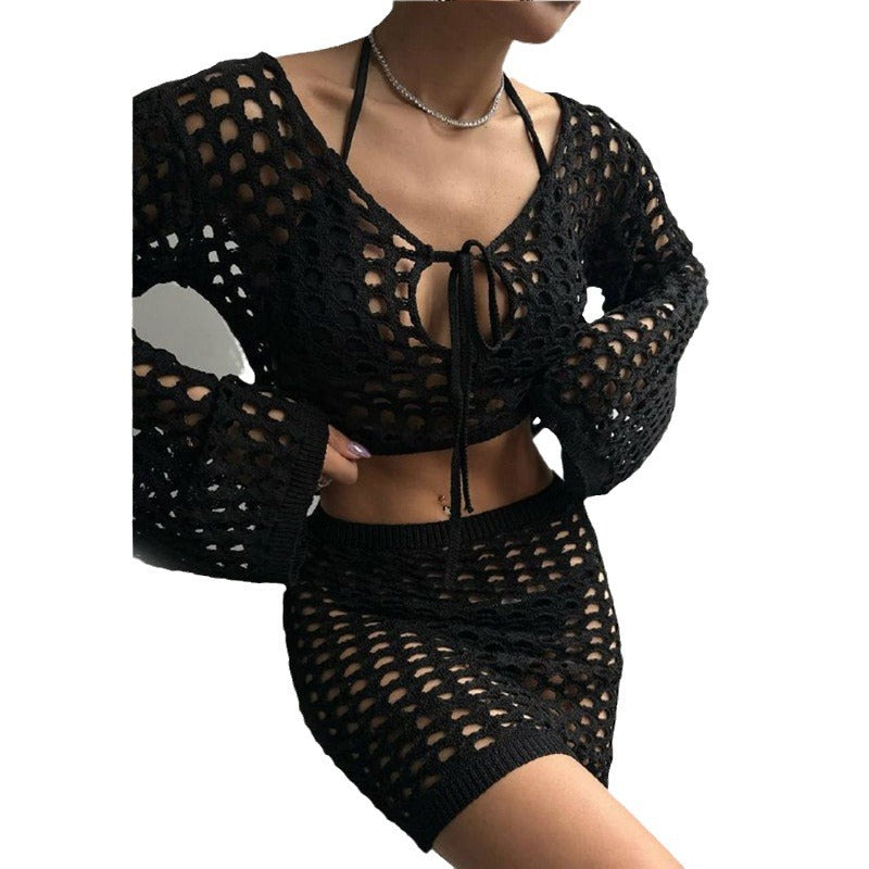 Damen gehäkeltes Strandoutfit mit offener Front Drune