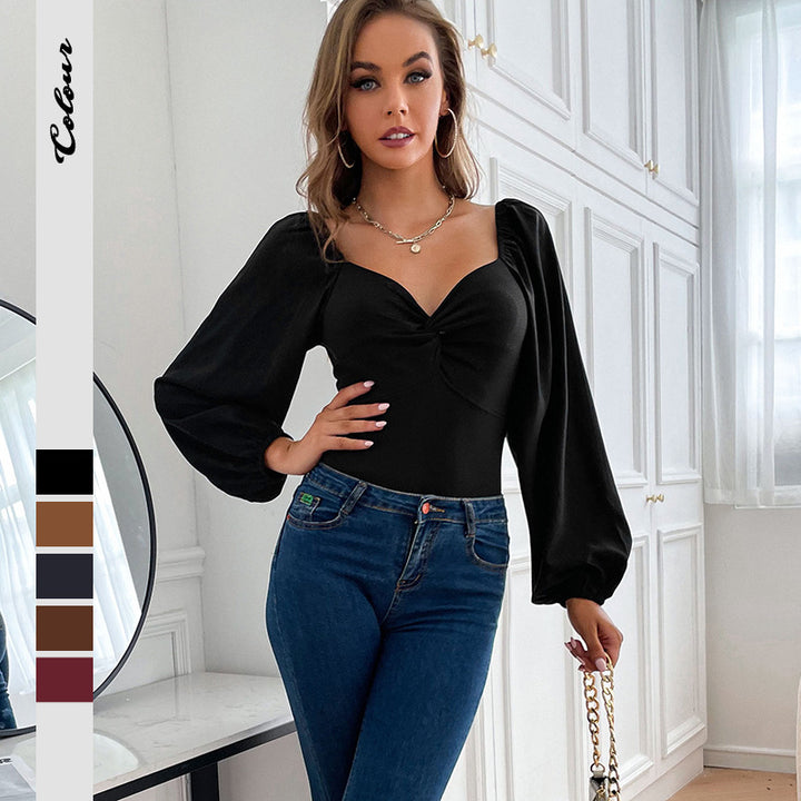 Damen Body mit eleganten Puffärmeln und raffiniertem Knopfdetail Drune