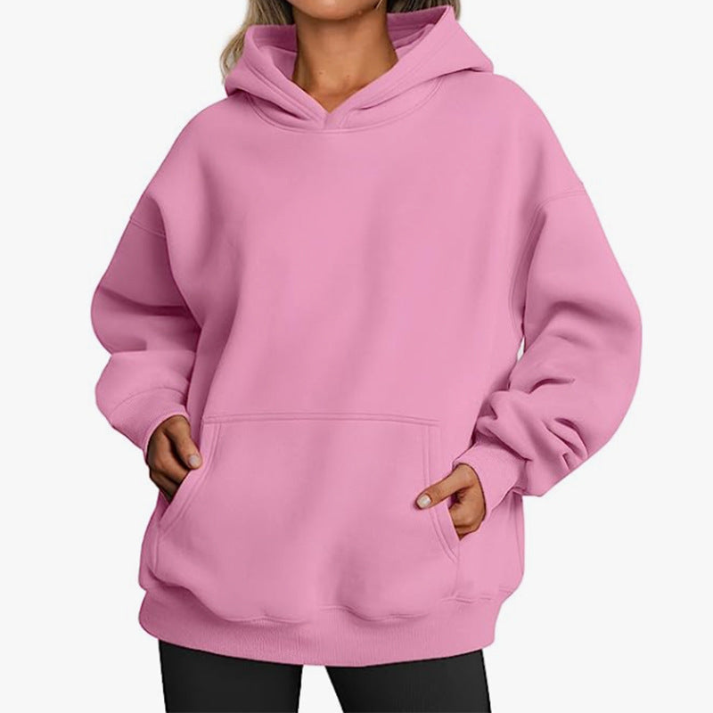 Damen nan Oversize-Kapuzenpullover mit verlängertem Rückenteil, innen angerautem Fleece und Kängurutasche Drune