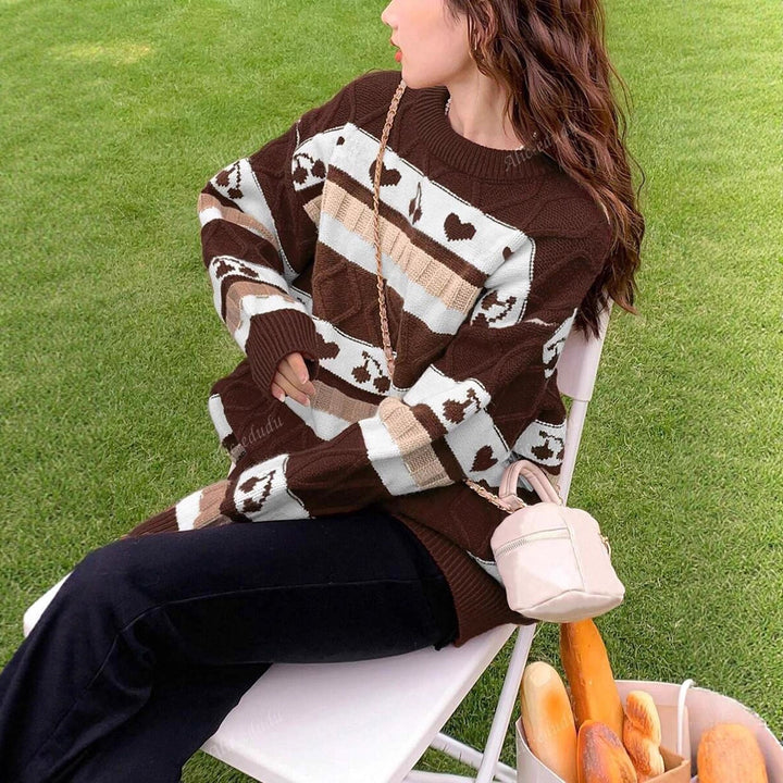 Damen Grobstrickpullover mit kreativem Herz- und Fruchtmuster Drune