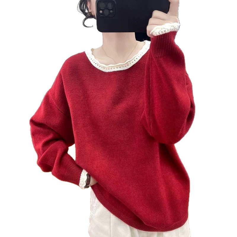 Damen Pullover im lässigen Oversized-Stil mit romantischem Spitzenrand Drune