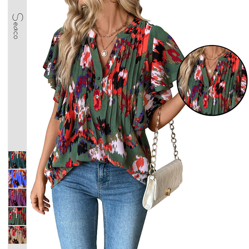 Damen Bluse mit eleganten Rüschendetails und verspieltem Print Drune