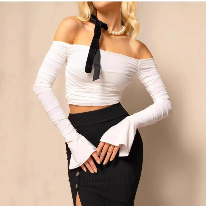 Damen Off-Shoulder Oberteil mit langen Ärmeln und Rüschendetails Drune